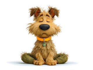 A charming brown dog sits peacefully meditating with eyes closed wea a bright orange collar tag necklace.