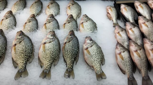 Fresh Crappie on Ice at Fish Market - A display of fresh crappie fish arranged neatly on a bed of ice at a fish market or grocery store. The fish are uniform in size and appear very fresh.