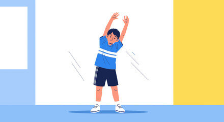 Young Boy Warming Up Stretching Arms Before Sport Activity Or School Exercises