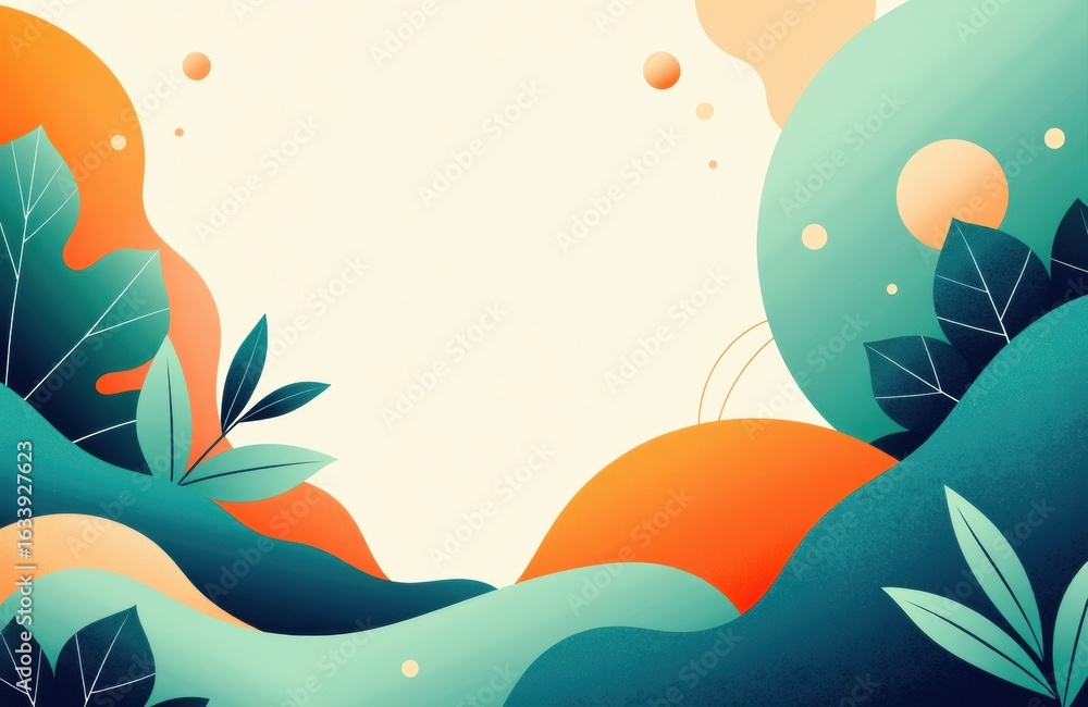 Poster colorful abstract background with leaves and circular shapes creating a vibrant natural scene