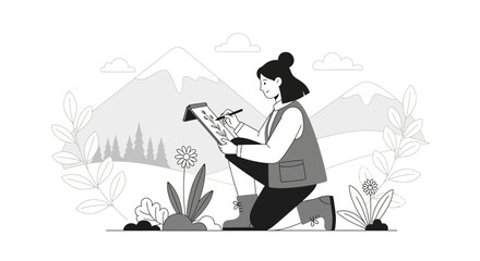 Woman Sketching Botanical Illustrations In A Mountainous Landscape With Delicate Style