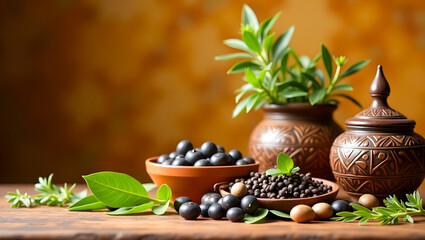 Traditional Arrangement of Amlas with Herbs and Ayurvedic Containers in a Cultural Setting