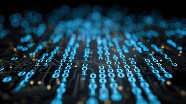 Digital stream of binary code projected onto a microchip surface
