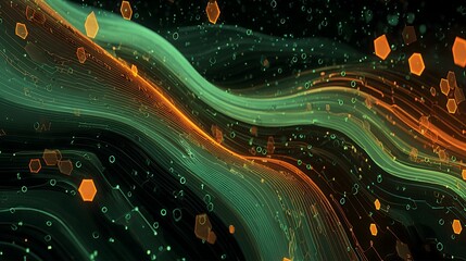Abstract digital technology background with flowing green lines and glowing hexagons