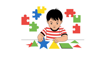 Young Mind At Work Child Engaged In Educational Games With Puzzles And Geometric Forms