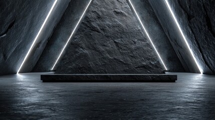 Abstract Dark Stone Pyramid Interior with Neon Lights