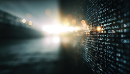 Digital code wall, city lights, sunrise glow