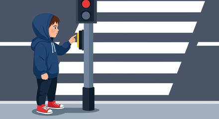 Young Pedestrian Pressing The Crosswalk Button at Intersection For Safety