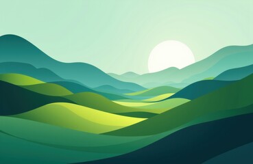 Obraz premium Gentle rolling hills with layered green shades under a bright sun in a minimalist landscape scene