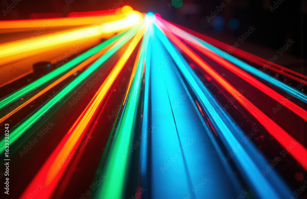 Poster colorful light trails streak across the dark background creating dynamic motion and vibrant energy
