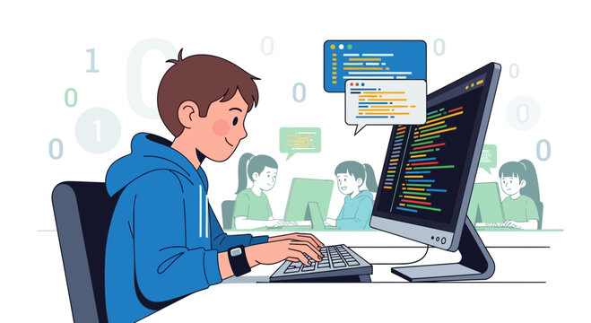 Young Developers Learning Computer Programming Skills At School With Technology