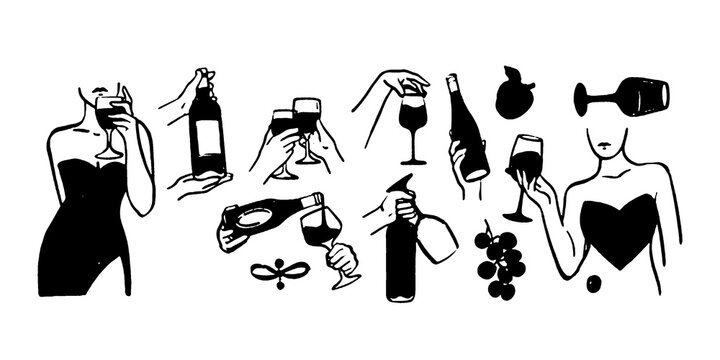 Wine glass doodle set, woman holding alcohol cocktail, hand drawn winery tasting line illustration. Romantic bachelorette party invitation print, wedding minimal decor, champagne bottle. Wine glass