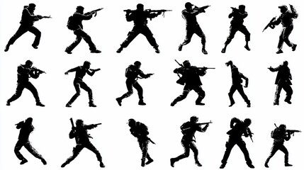 Silhouettes of soldiers in various poses