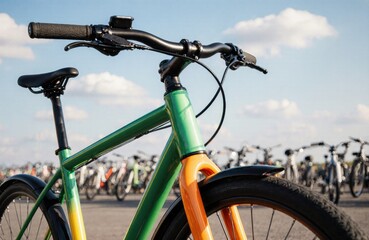 Colorful bicycle with a green frame and orange accents parked outdoors on a sunny day