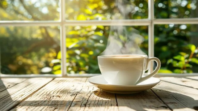 A steaming cup of coffee sits on a weathered wooden table beside a sunny window