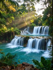 Cascading waterfalls lush jungle scenic photography tropical paradise natural beauty tranquil atmosphere
