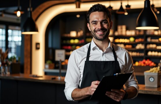 A smiling male waiter in a modern cafe holding a digital tablet ready to take orders