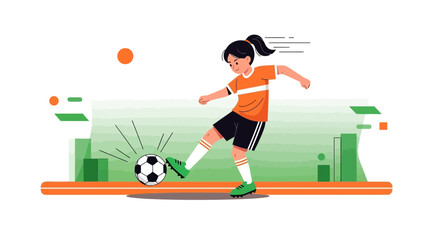 Fototapeta premium Young Female Athlete Kicking A Soccer Ball With Energy And Determination
