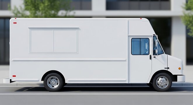 Side View of a White Step Van with Serving Window - Food Truck Mockup