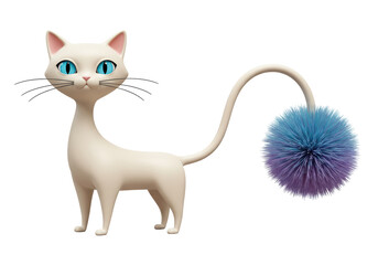 Isolated White Cartoon Cat with Blue Eyes and Pom-Pom Tail