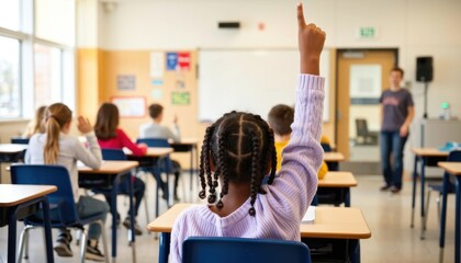 Engaging classroom learning student raising hand school photo bright environment focused viewpoint education concept