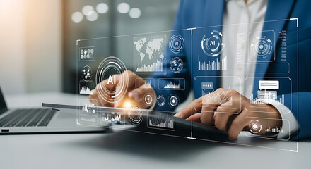 Businessman analyzing financial data with digital graphs and charts on a tablet in a modern office setting