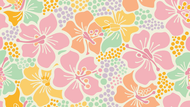 Fototapeta Pastel hibiscus floral pattern with pink orange yellow and green flowers on a cream colored background