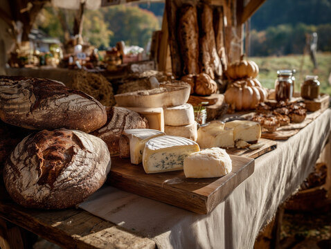Artisan bread and cheese stall at autumn farmers market in rural Wallonia