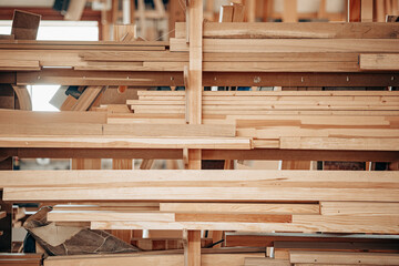 Organized Timber Planks in a Woodworking Workshop
