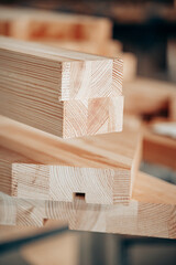 Close-Up of Glulam Wood Beams in a Workshop