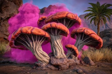 Large, vibrant orange-red mushrooms emerge from a rocky landscape, enveloped in pink smoke