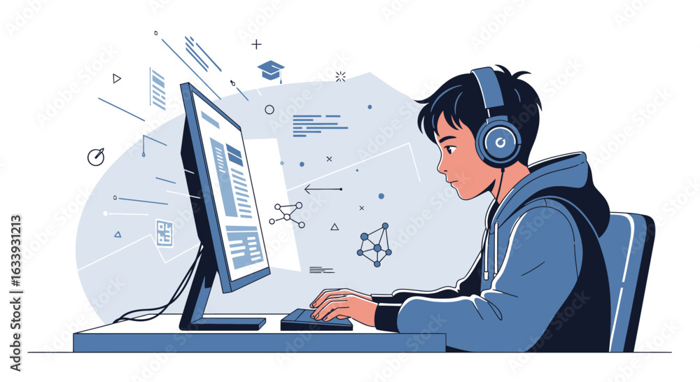 Poster young man coding and learning online with computer and headphones
