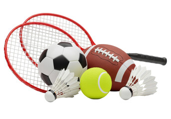 Isolated Assortment of Sports Equipment: Rackets, Balls, Shuttlecocks
