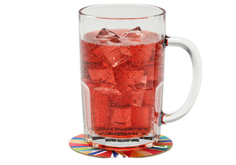 Isolated Mug of Red Drink with Ice Cubes and Colorful Coaster