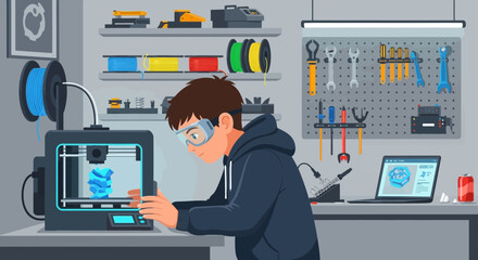 Young Man Engaged In 3d Printing Projects In His Home Workshop Area