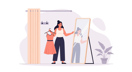 Young Woman Looks at Herself in a Mirror While Shopping in a Boutique