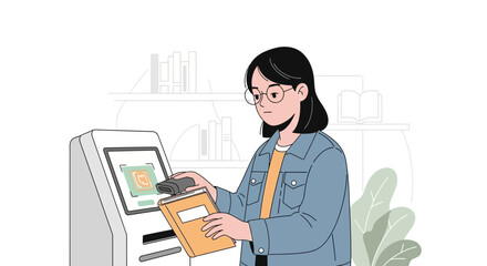 Young Woman Scanning Books at Automated Library Station Technology Concept