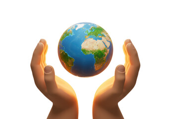 Isolated 3D Render of Hands Gently Cupping a Glowing Earth Globe