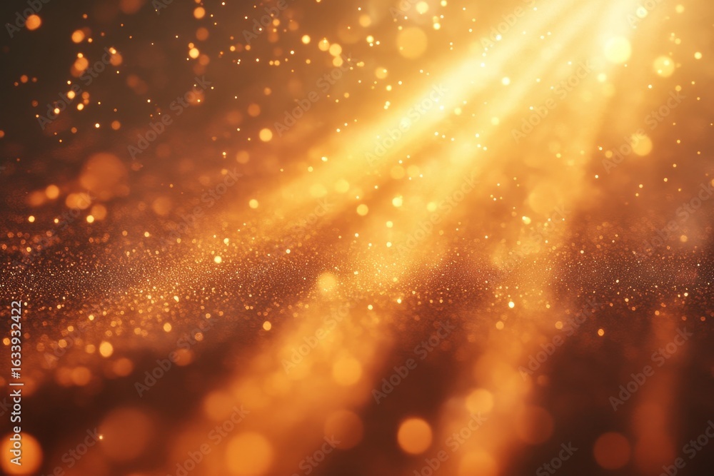 Poster golden light beams with soft bokeh effects illuminating a dark background and dusty atmosphere