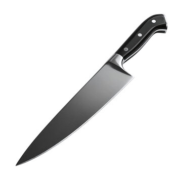 Realistic 3D render of a chef&rsquo;s knife with sharp edge, isolated on transparent background .