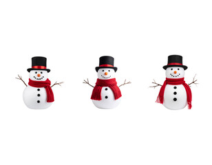 Happy Christmas snowman toy with a red scarf and hat, isolated on a white background