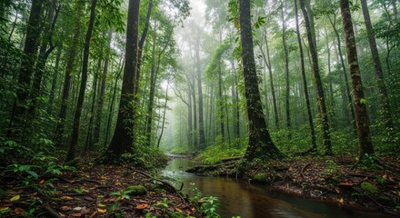 Obraz premium Lush tropical rainforest scenery featuring a small river shrouded in misty light