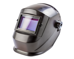 Dark welding helmet with protective visor isolated on transparent background