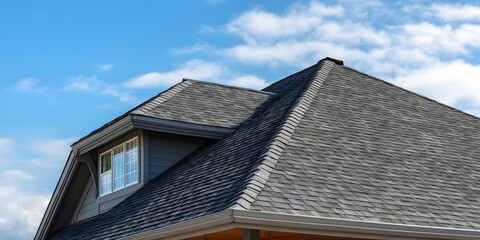 Obraz premium Asphalt shingle roof with ridge cap on a residential house, material, roofline
