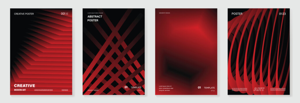 Modern gradient poster on dark background vector set. Cover template with red geometric shapes, wavy line. Modern Design for wall art, flyers, brochures, covers and web banners. 