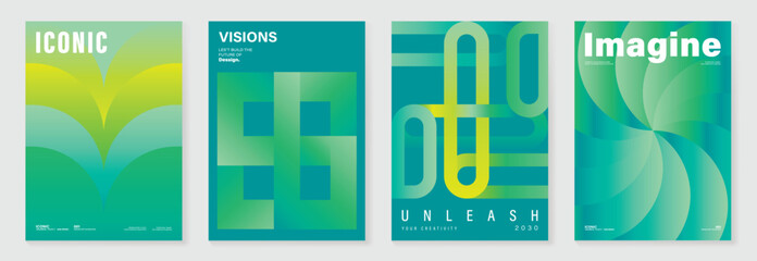 Fototapeta na wymiar Modern gradient poster on green background vector set. Cover template with green and yellow geometric shapes, wavy line. Modern Design for wall art, flyers, brochures, covers and web banners. 