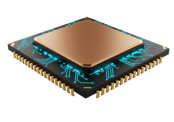 Isolated Advanced Computer Microchip with Glowing Blue Circuits and Gold Pins