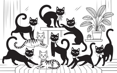 A vector silhouette set of cute black and white cats and kittens