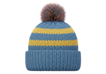 Isolated Cozy Blue and Yellow Striped Knitted Winter Hat with a Pom-Pom