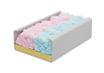 Isolated 3D Render of a Cutaway Insulation Material with Pink, Blue, and Yellow Layers
